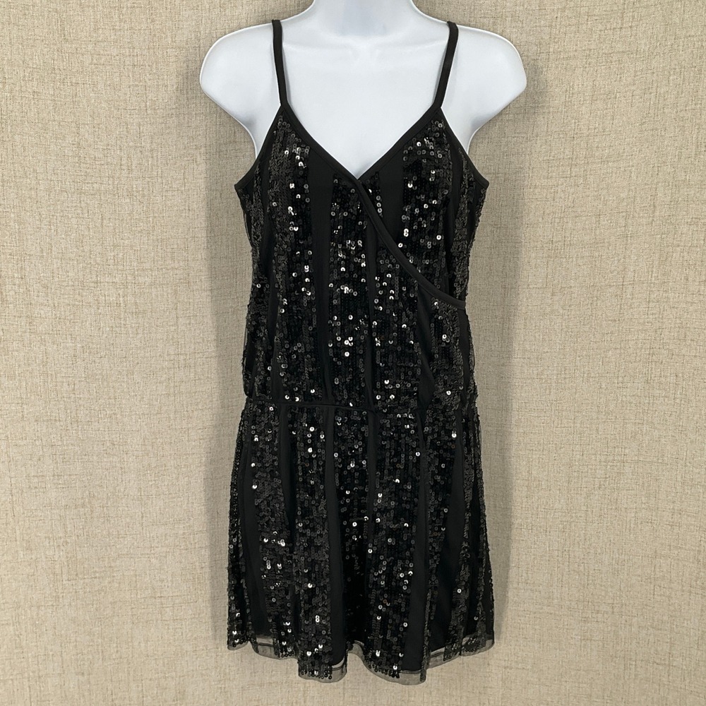 Express‎ Sequin Mini Dress Women Size S Black Wrap V-Neck Party Glam Lightweight